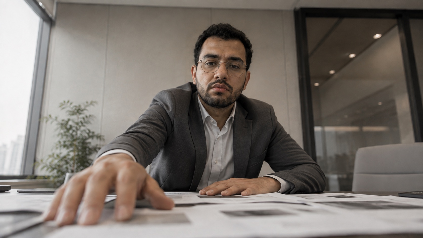 A pharma professional working at a desk in a Gulf office