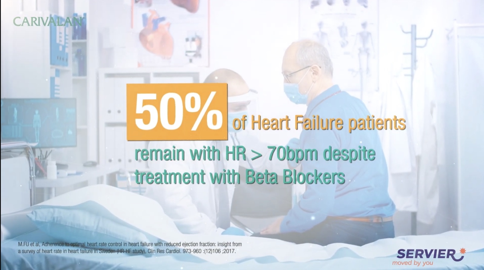Video frame — heart failure patient scene with on-screen study statistic